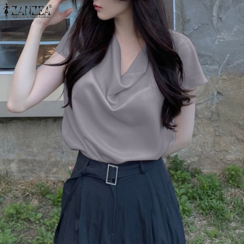 Zanzea Áo Sơ Mi Tay Ngắn Xếp Ly Thời Trang Dành Cho Nữ