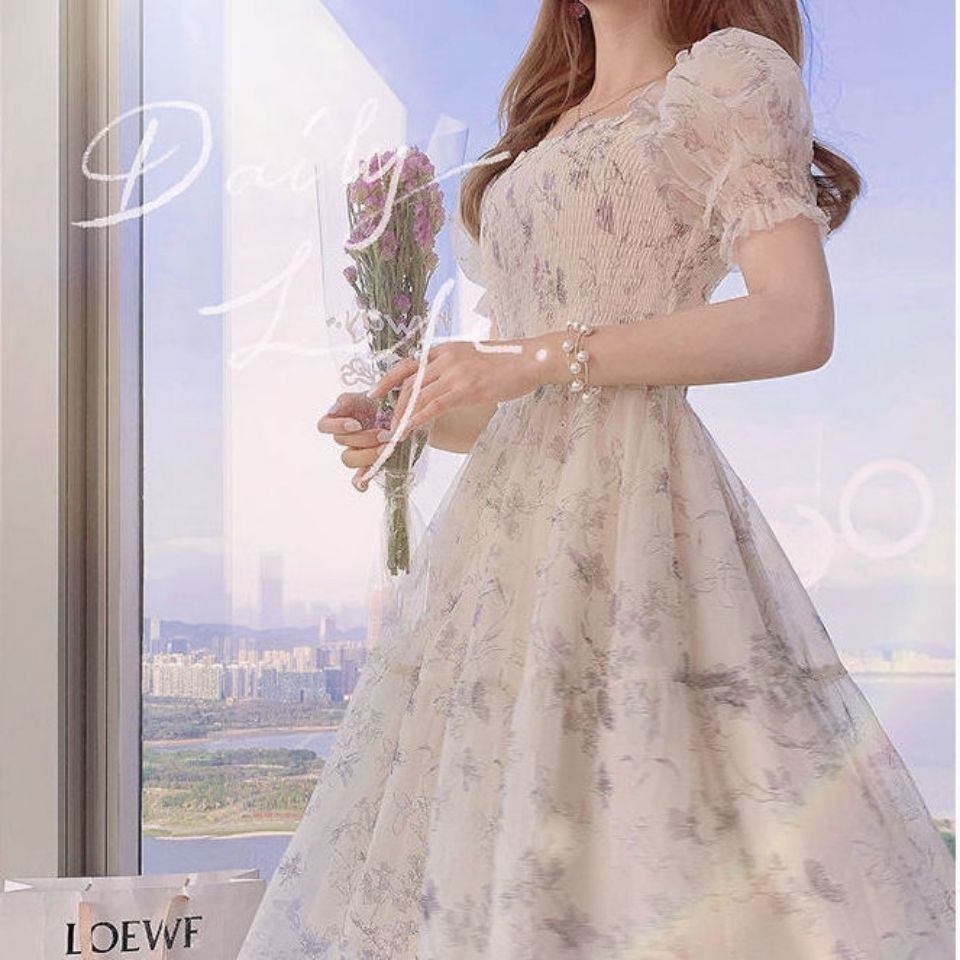 Đầm Chiffon Dáng Chữ A Tay Phồng Ôm Eo In Họa Tiết Hoa Phong Cách Pháp Thời Trang Mùa Hè Hàng Mới Dành Cho Bạn Nữ 2022