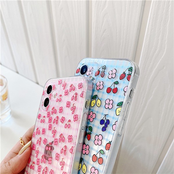 iPhone 11 Pro Max / iPhone12 / iPhone X / iPhone 7 Plus / iPhone 8 / iPhone 6 with side groove printed with strawberry cherry mesh against drop of phone cover