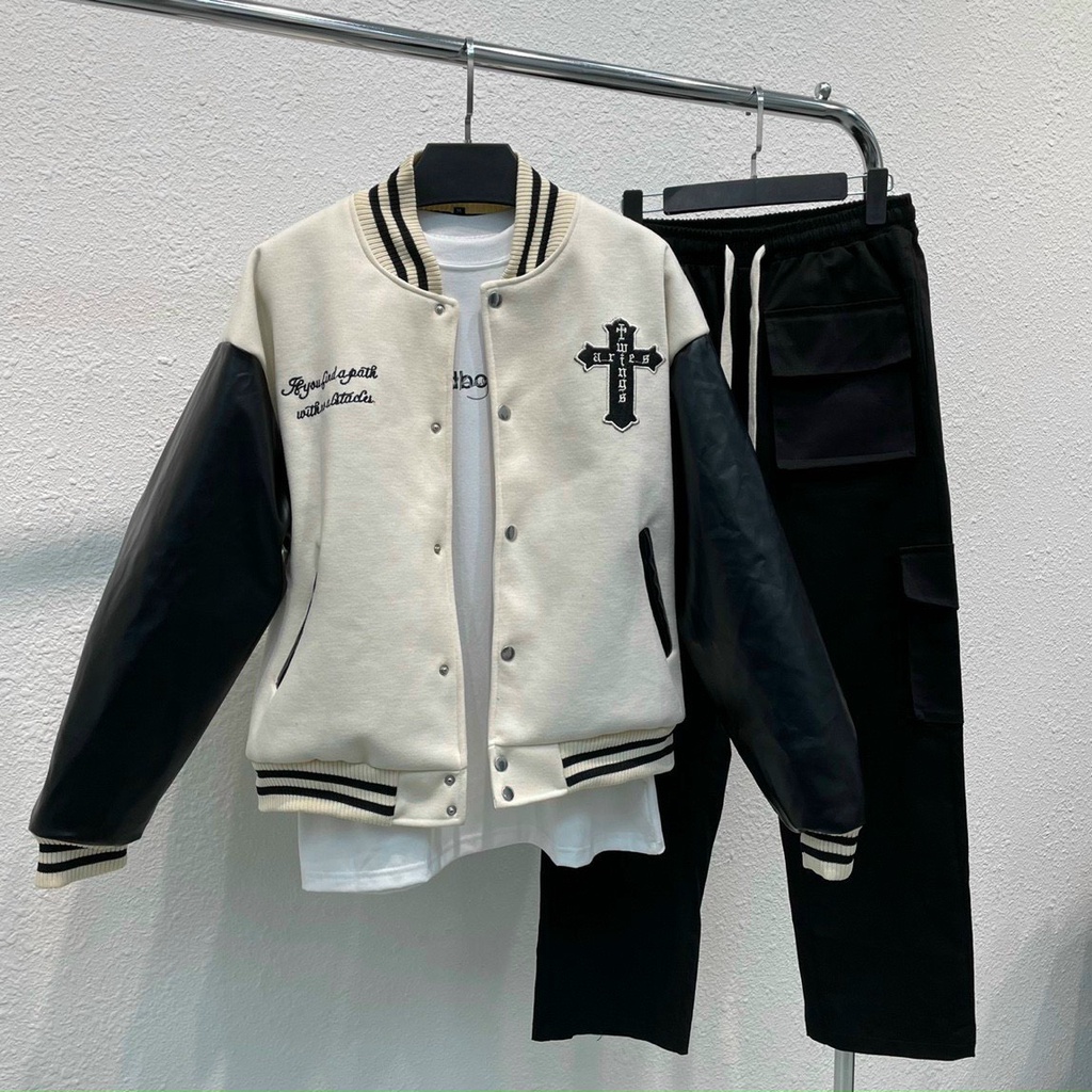 Áo khoác bomber phối tay da Aries thêu nổi Cream