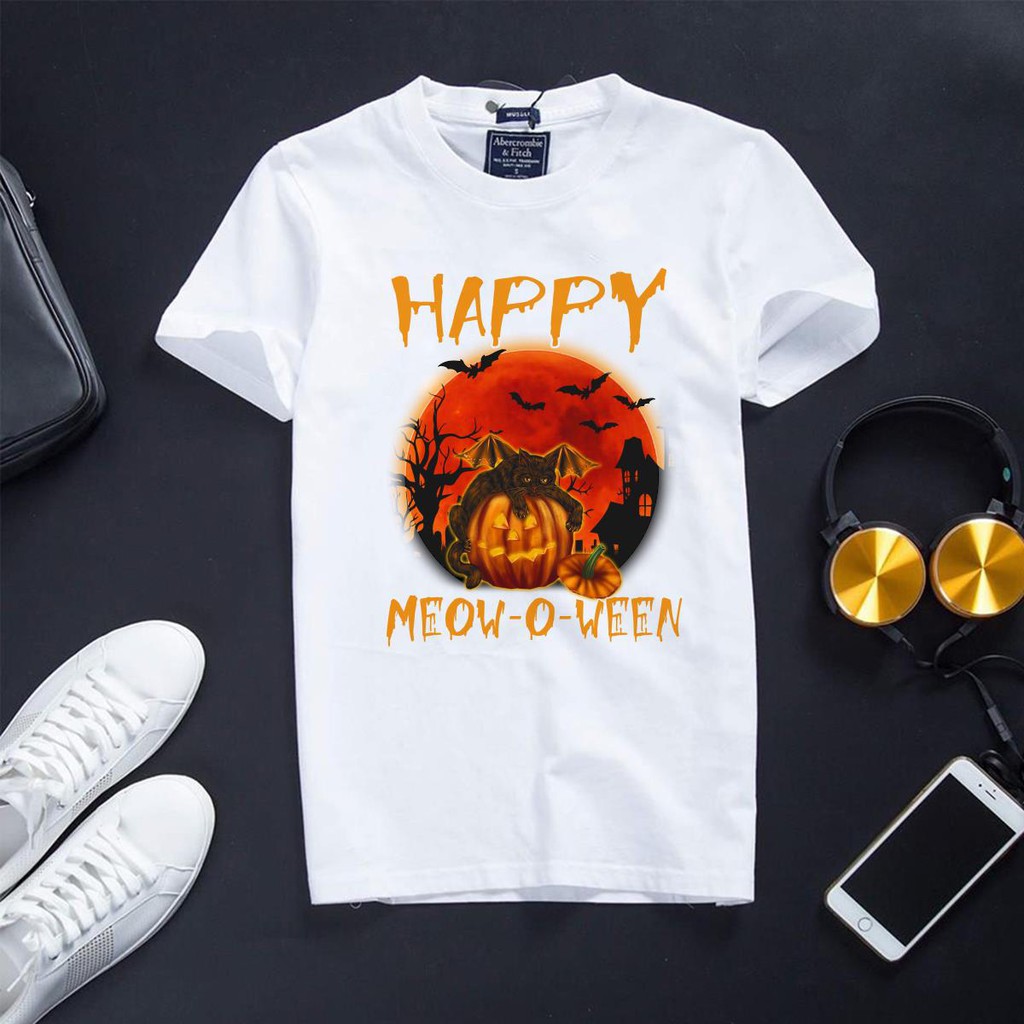 ÁO THUN UNISEX HALLOWEEN Happy Meow TAY NGẮN TAY LỠ NAM VÀ NỮ AOMI IN HÌNH SIÊU HOT AOMIVN