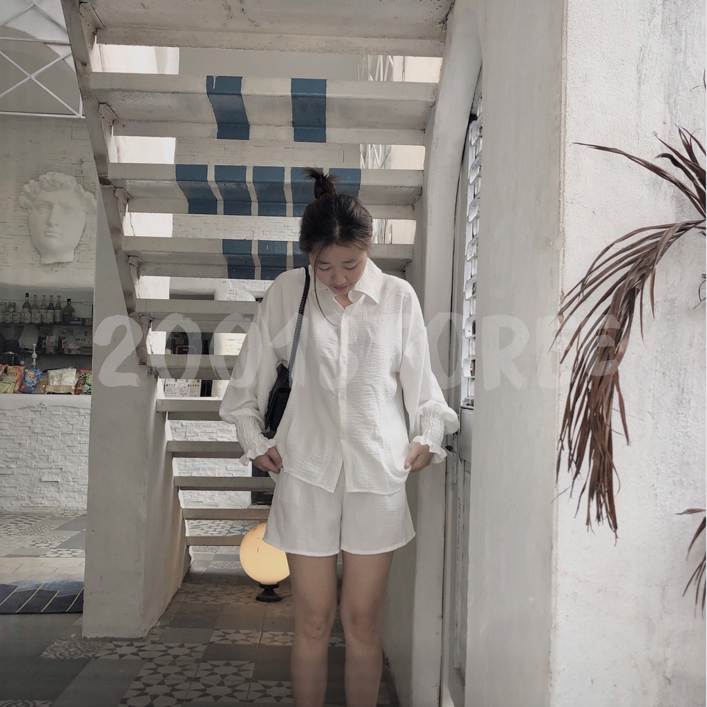 Set đồ nữ, Set áo sơ mi đũi trắng đuôi tôm mix quần đùi trắng bao đẹp[Ảnh thật] | BigBuy360 - bigbuy360.vn