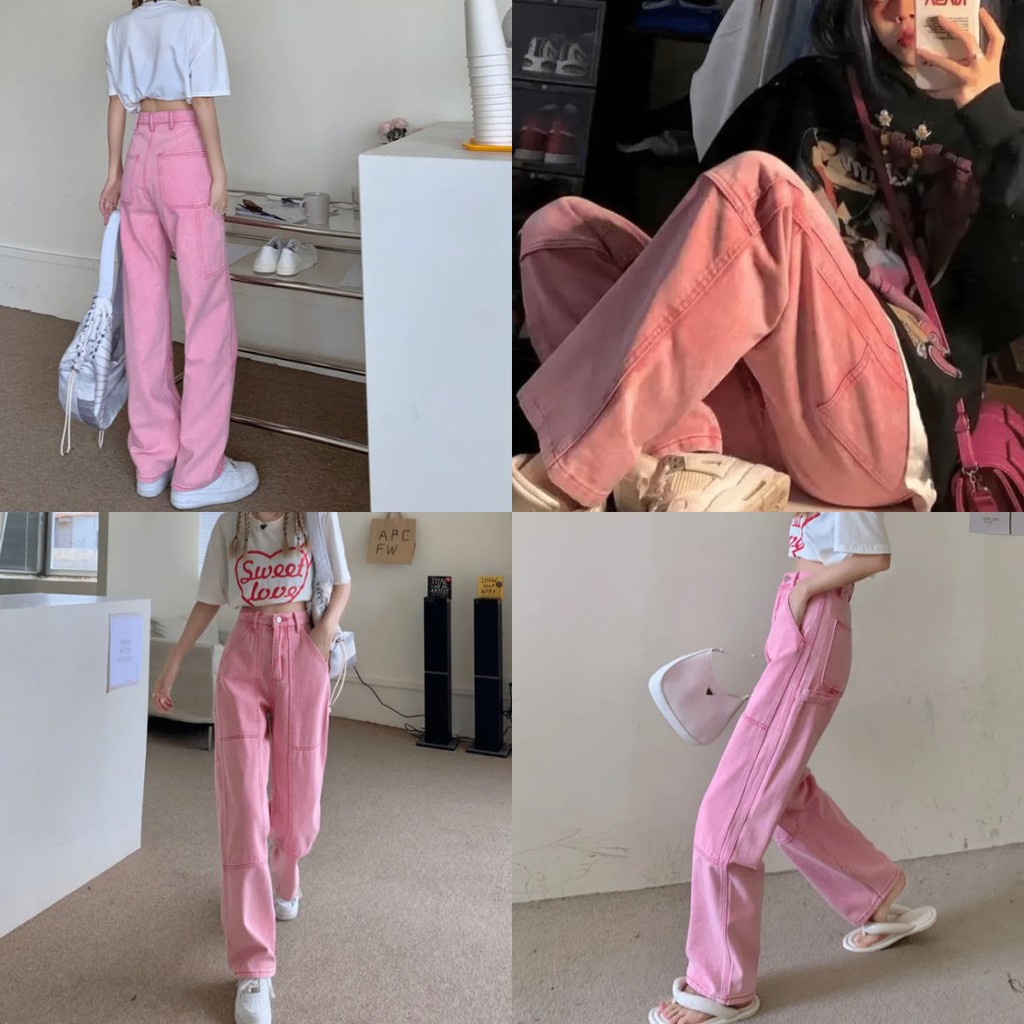 ✨PINKKKK JEANS✨Quần Jeans Ống Rộng Lưng Cao Màu Hồng Thiết Kế Năng Động Thời Trang