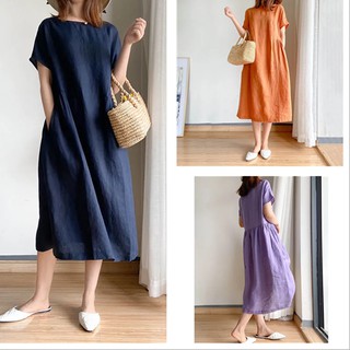 Đầm MIDI Dáng Rộng Vải Cotton Mỏng Kiểu Nghệ Thuật Hàn Quốc Đơn Giản