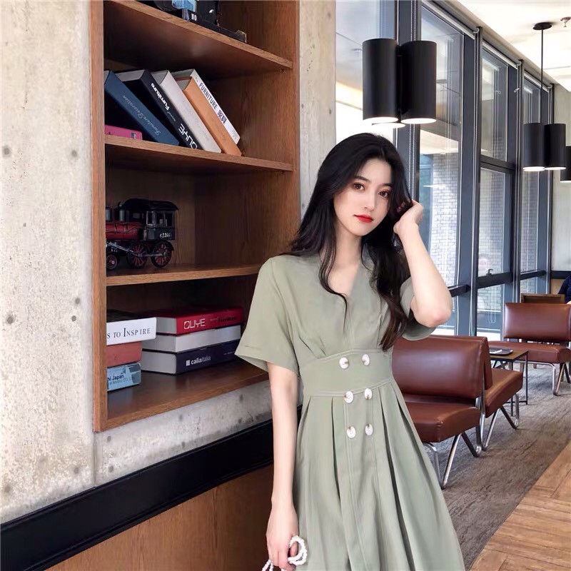 (ORDER) Váy cộc tay cổ V bo eo đính khuy xòe dài điệu đà tiểu thư kiểu Pháp sang trọng ( HÀNG_MỚI )