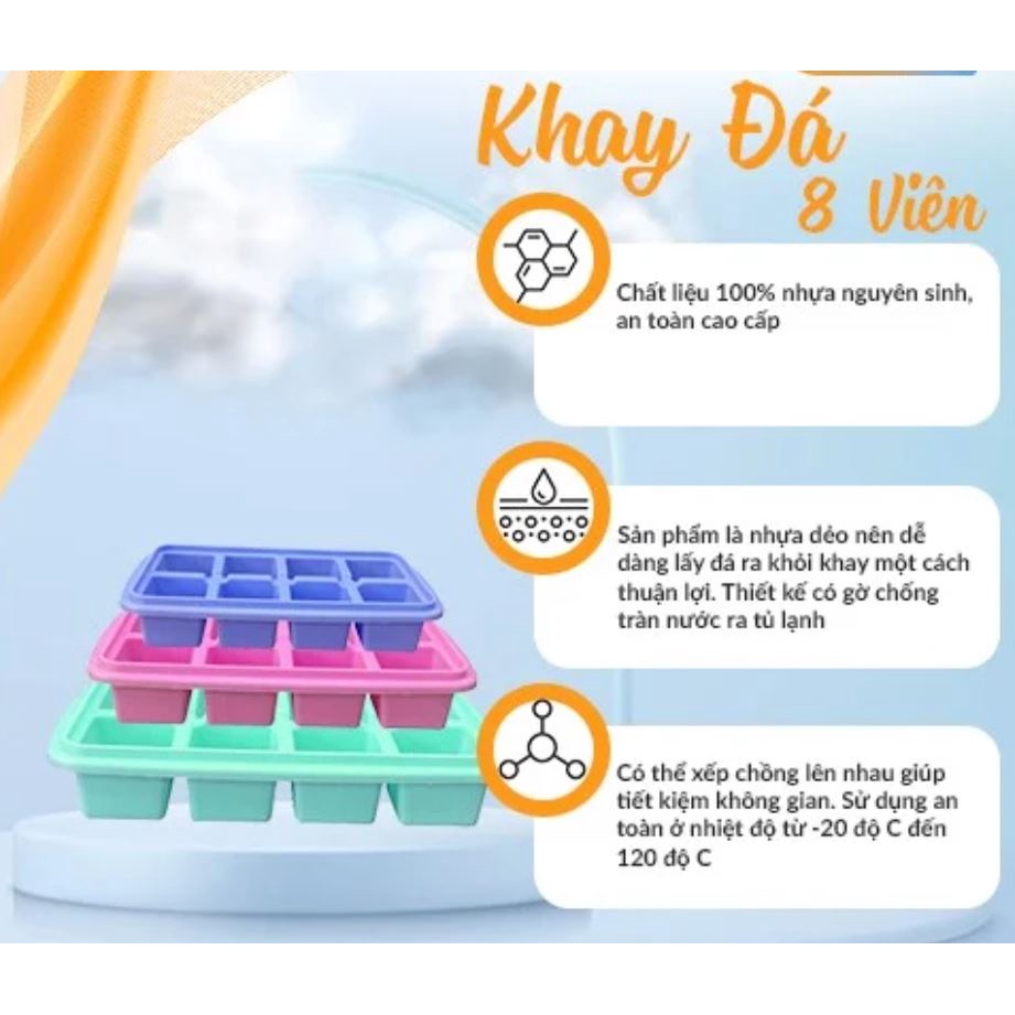 Khay đá 8 ô có nắp đậy ăn dặm to có nắp nhiều màu nhựa nguyên sinh đảm bảo an toàn thực phẩm