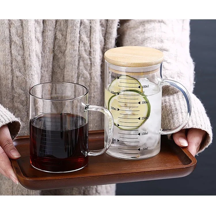 Ca, Bình Thủy Tinh Nắp Gỗ Tre, Chịu Nhiệt, Có Chia Vạch Các Dung Tích 350ml, 500ml, 1.000ml