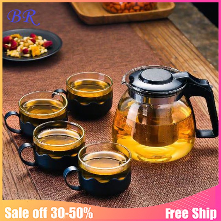 Bình trà thủy tinh 700ml cao cấp kèm 4 cốc và lọc inox chống han gỉ