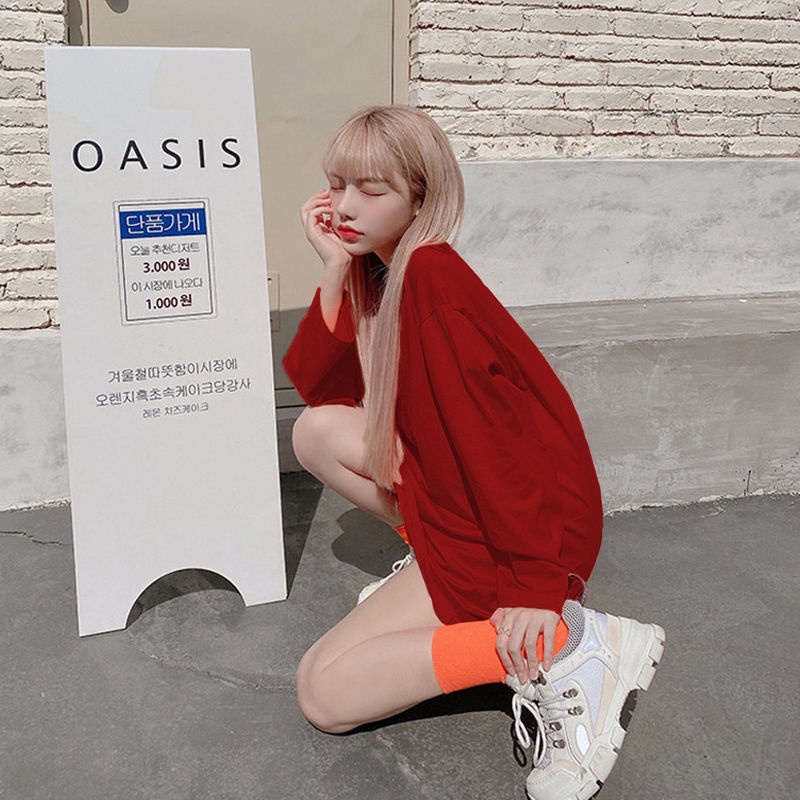 Jiashucheng Áo Thun Cotton Tay Dài Màu Trơn Dáng Rộng Thời Trang Mùa Thu Phong Cách Hàn Quốc Cho Nữ