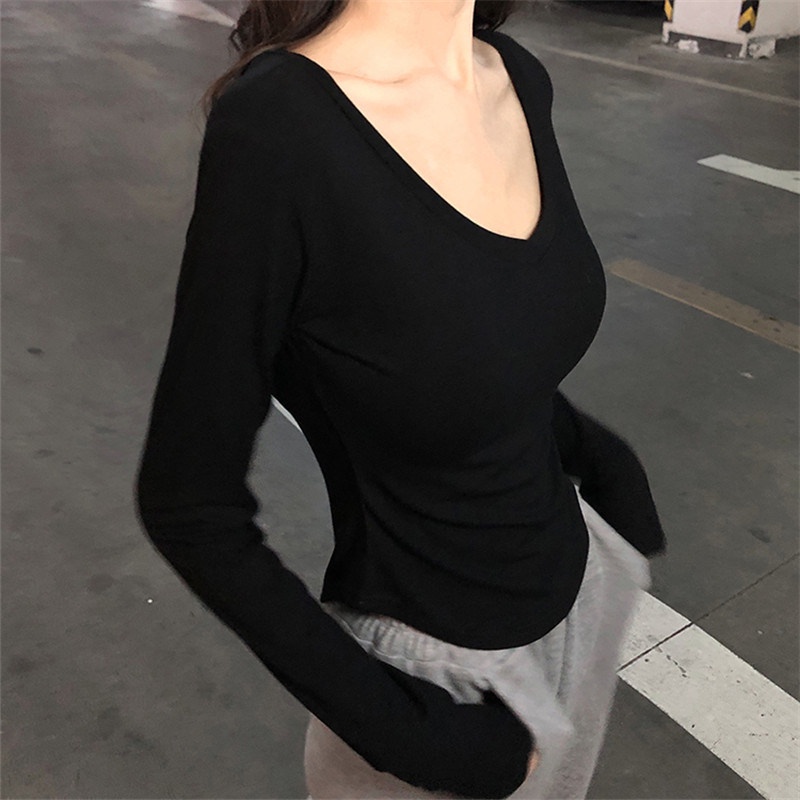 WANG JIAO ZHAN Áo croptop Thun Tay Dài Cổ Chữ V Dáng Ôm Thời Trang