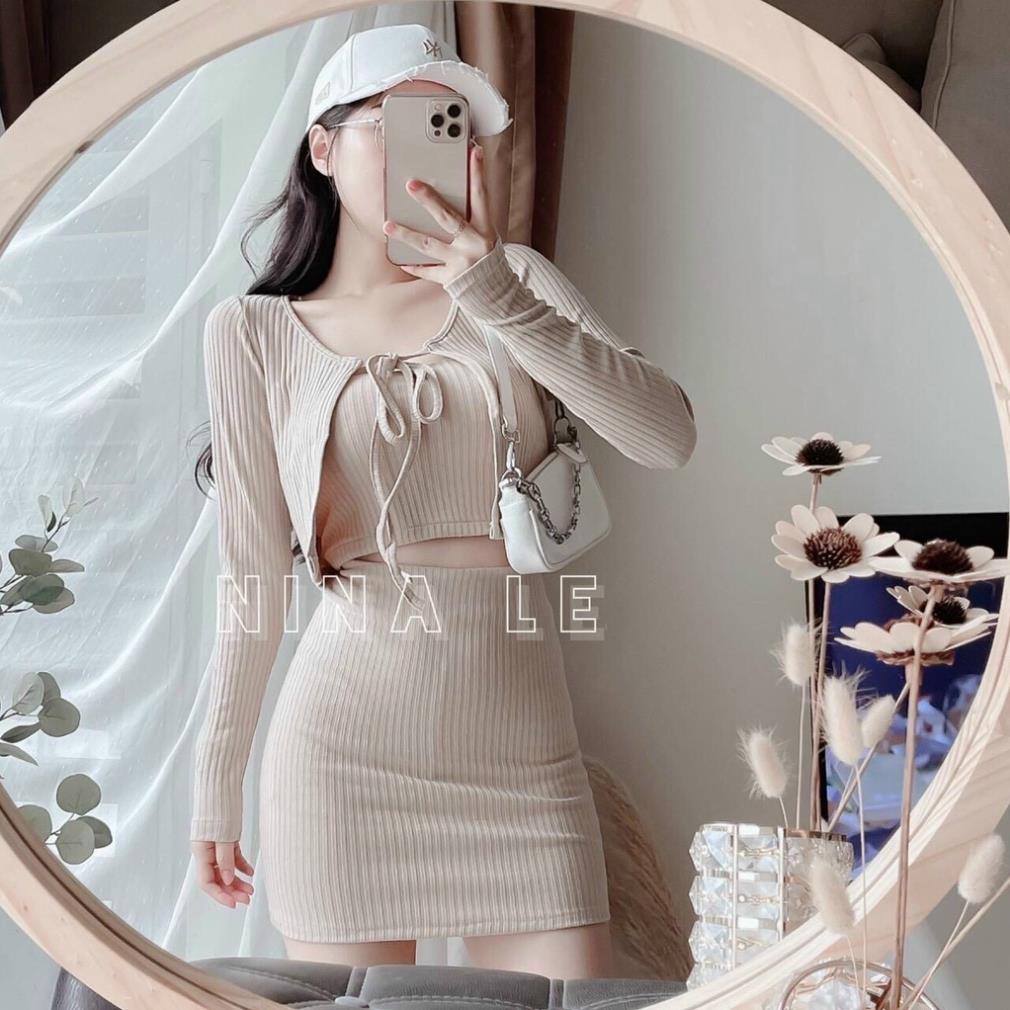 Set Bộ 3 Món Ôm Body Croptop Kèm Áo Khoác Tay Dài Thiết Kế Mới Phong Cách Sang Chảnh Thời Trang Nữ Xm Minh Phúc