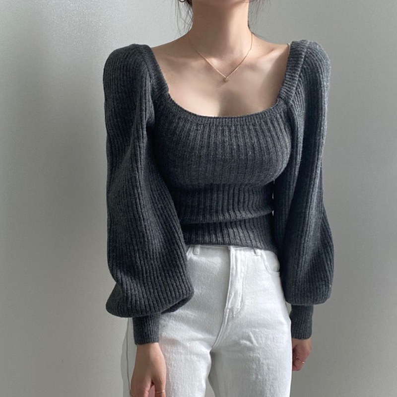 Porozi  Áo sweater dệt kim  tay phồng cổ vuông màu sắc đơn giản phong cách Hàn Quốc cho nữ