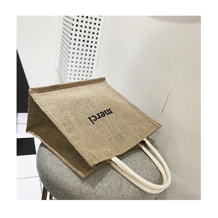 Túi tote cói Merci loại 1 size to Enjoy The Little Things vintage đeo vai chéo đi biển màu nâu trơn iLita