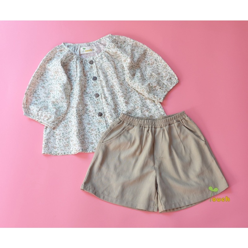 SALE Bộ bé gái áo hoa nhí vintage quần short/ bomber nâu Touch