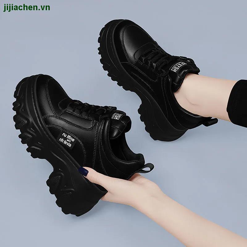 Giày thể thao đế dày cao màu đen buộc dây thời trang xuân thu 2021 cho nữ