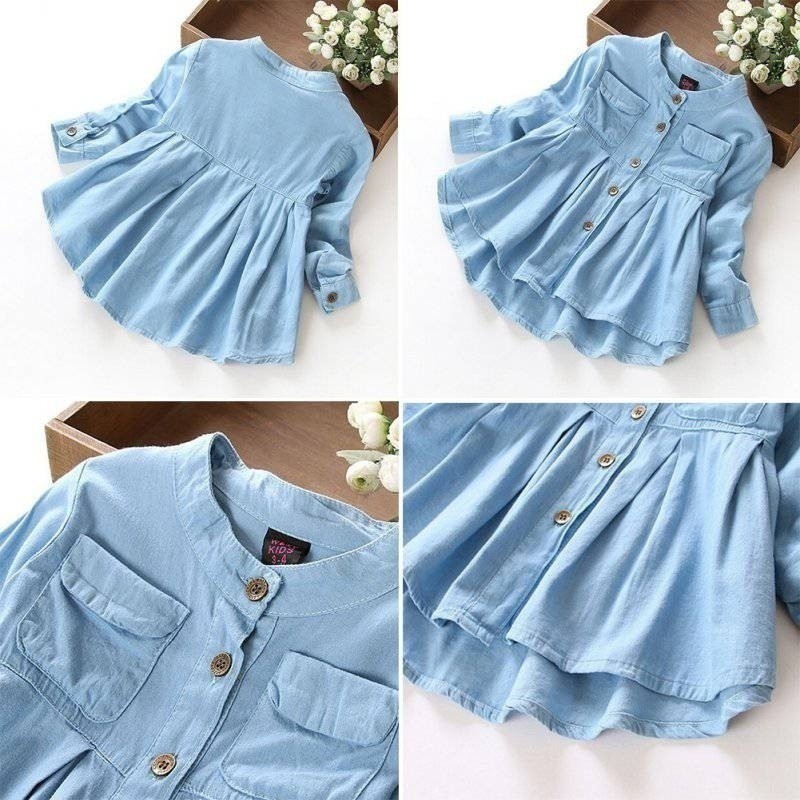 Đầm Denim Tay Dài Thời Trang Xinh Xắn Cho Bé Gái