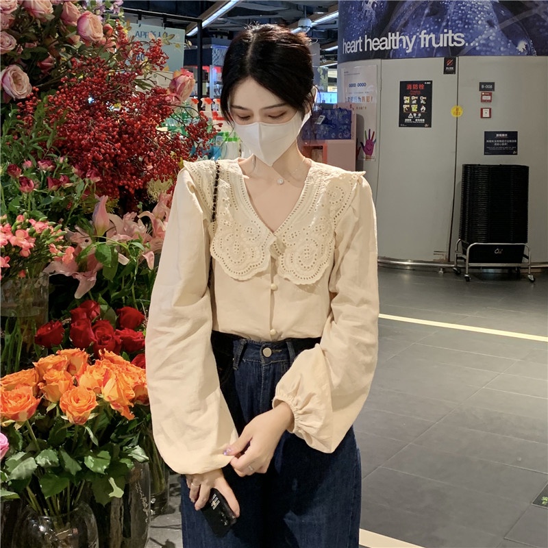Áo sơ mi tay dài cổ búp bê phối ren form rộng xinh xắn thời trang cho nữ