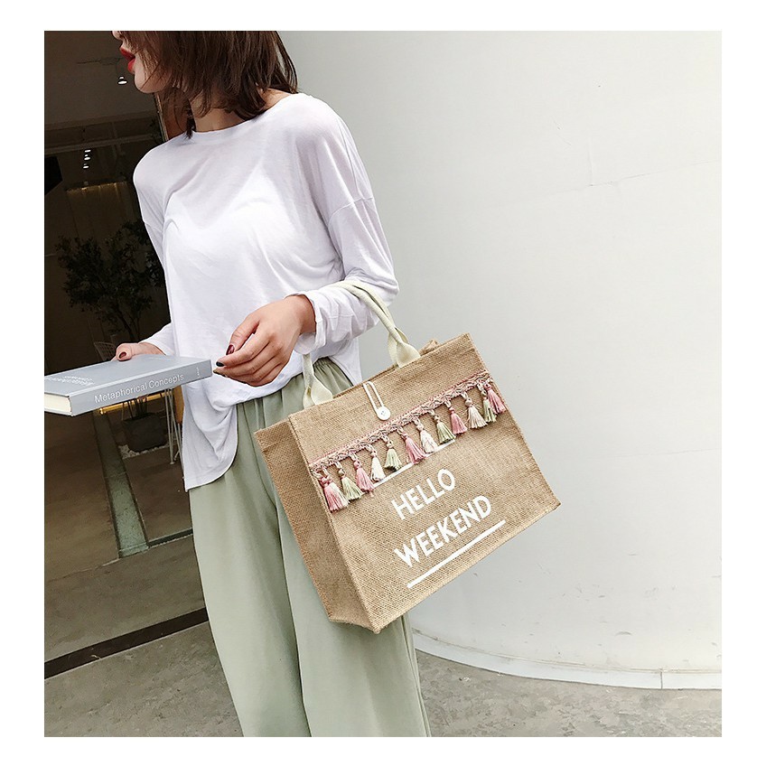 Túi Cói Đi BiểnGIADUNGTONGKHO1Túi Cói HELLO WEEKEND Mẫu Mới Siêu Hot, Túi Quai Xách Thiết Kế Theo Phong Cách Hàn Quốc