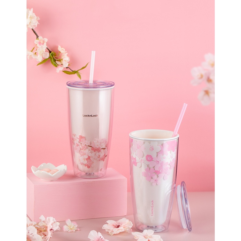 [Mã Bmlta35 Giảm Đến 35K Đơn 99K] Ly Nhựa 2 Lớp Lock&Lock Cherry Blossom Kèm Ống Hút Hap509Wht / Hap509Pik 750Ml