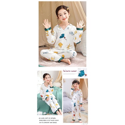 Bộ Đồ Ngủ Tay Dài Vải Lụa Lạnh Mỏng In Hoạt Hình Thời Trang Xuân Hè Cho Bé Gái