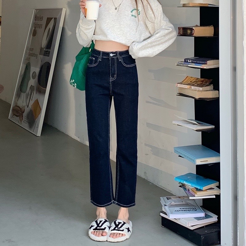 Quần jean nữ màu đen xanh trắng ống đứng 9 tấc cạp cao co dãn phong cách Ulzzang đi học đi chơi mặc hàng ngày loại 1