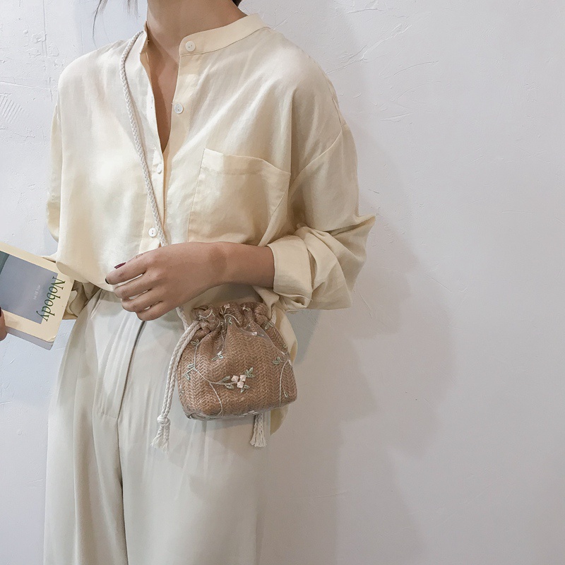 Túi Xách Nữ Túi Cói Đeo Vai Dáng Xô Dây Rút Phối Ren Dễ Thương Thời Trang Cho Nữ