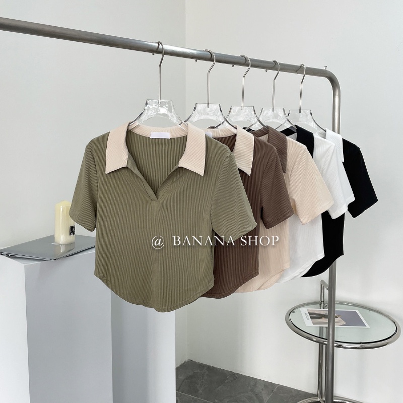 Áo polo Tay Ngắn Cổ Chữ V Dáng Ôm Eo Cao Thời Trang Dành Cho Nữ