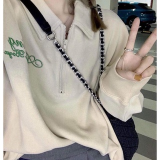 Áo Polo Cổ Zip Thêu Amazing Unisex - Thun dài tay bồng form rộng kiểu dáng vintage hàn quốc ulzzang