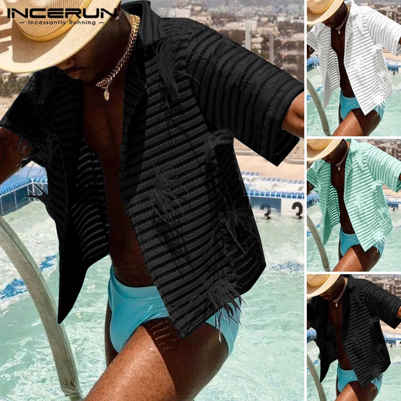 Áo sơ mi INCERUN lưới cổ bẻ tay ngắn trong suốt họa tiết kẻ sọc thời trang cho nam