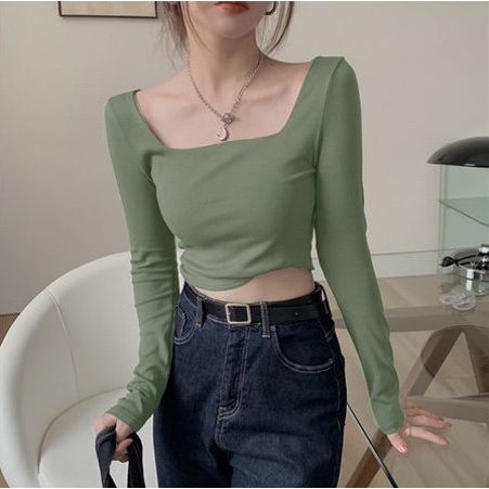 Áo thun croptop nữ cổ vuông tay dài ôm body 100% Cotton, áo croptop dài tay nữ cổ vuông nhiều màu-ACTDT01