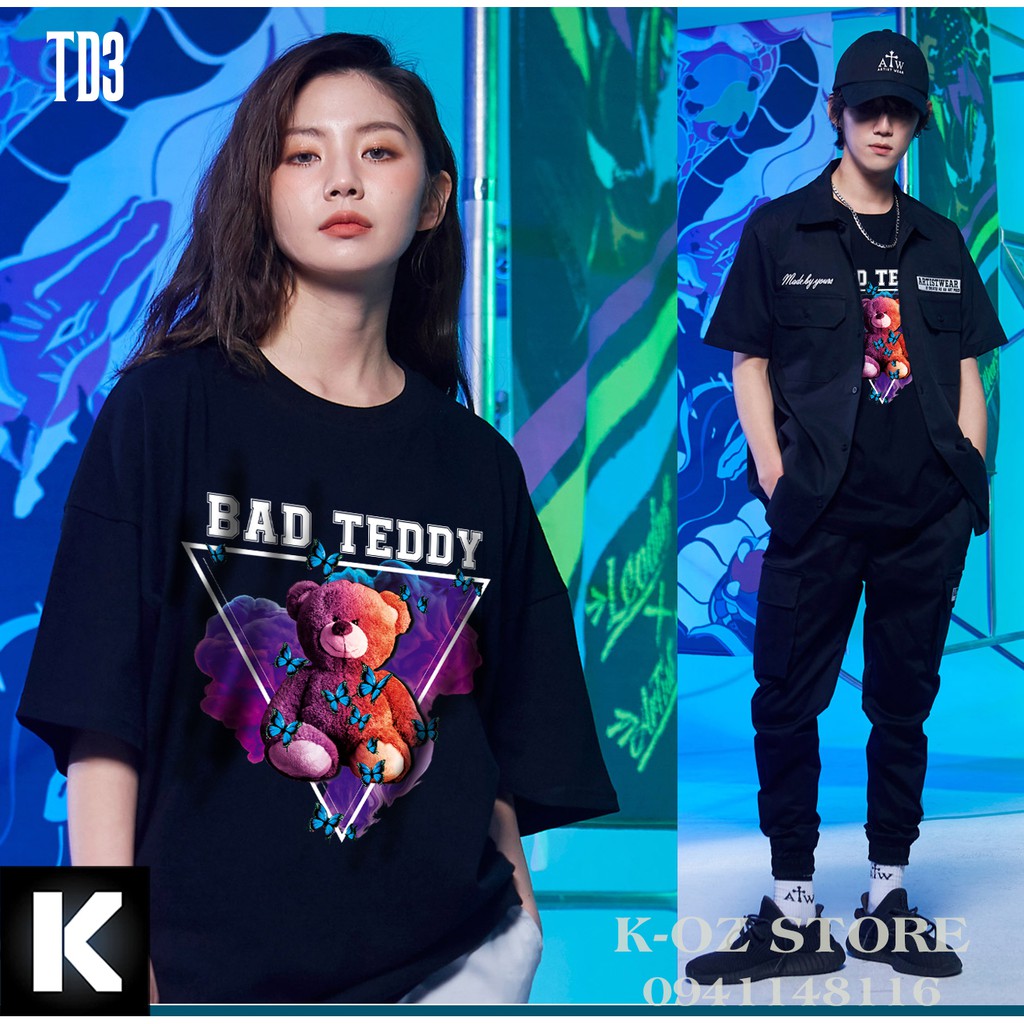 áo thun GẤU TEDDY tay lỡ TD3 OVERSIZE UNISEX (2 Màu ĐEN-TRẮNG)