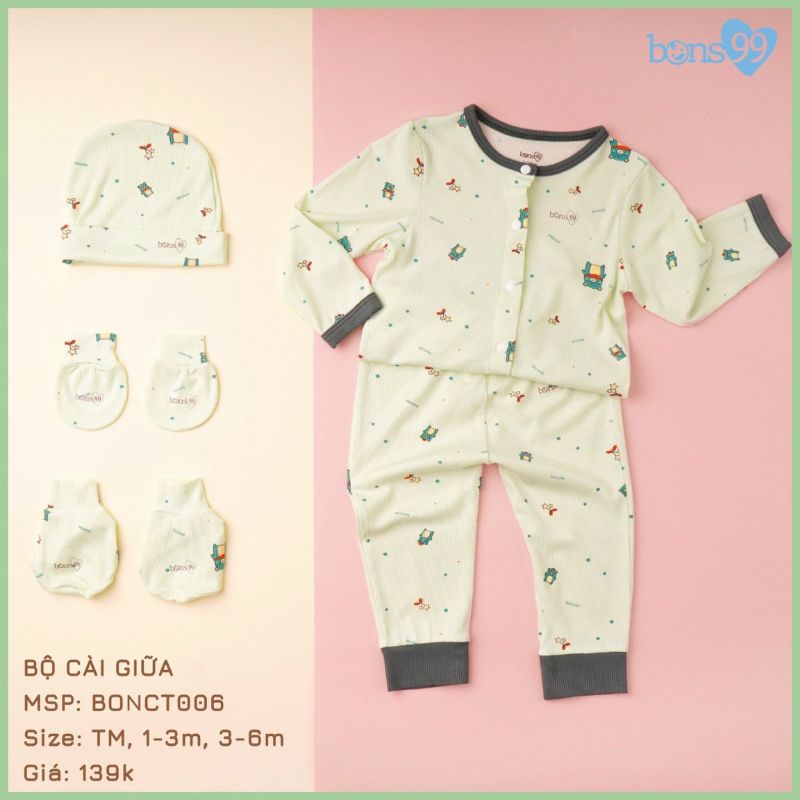 Bon99 -  Bộ dài tay cài giữa vải tăm cho bé 3-7kg