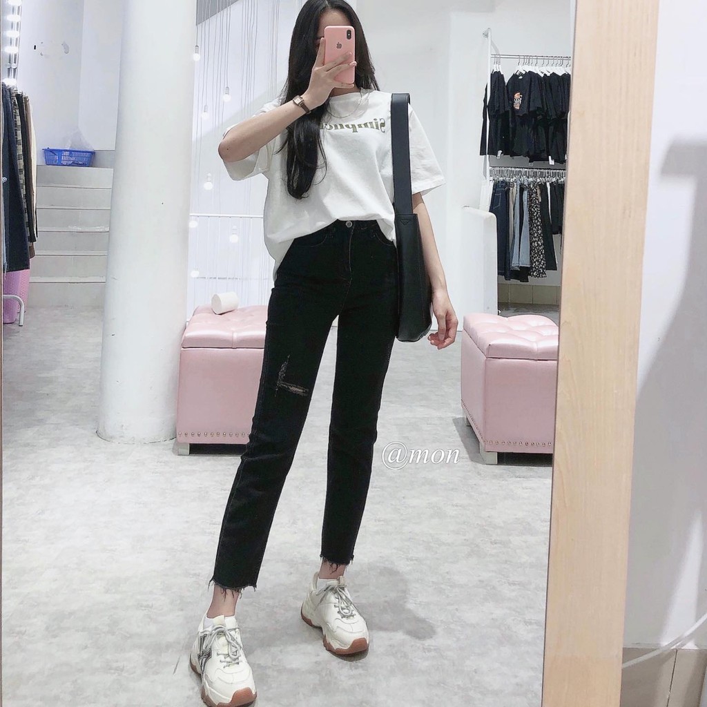 201058 Quần boots cut jeans ulzzang cho nữ form ôm loe nhẹ tôn dáng màu đen có rách | BigBuy360 - bigbuy360.vn