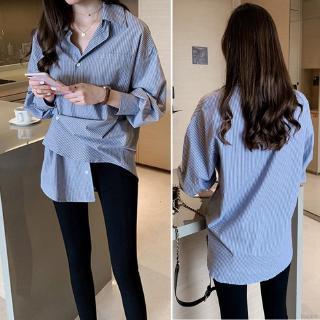 Áo sơ mi nữ tay dài cổ chữ V form rộng họa tiết sọc theo phong cách retro