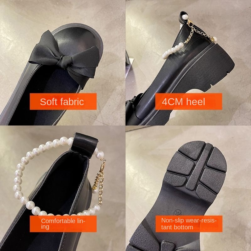 Giày Da Đế Dày Đính Nơ Ngọc Trai Phong Cách Lolita Dễ Phối Đồ Dành Cho Nữ