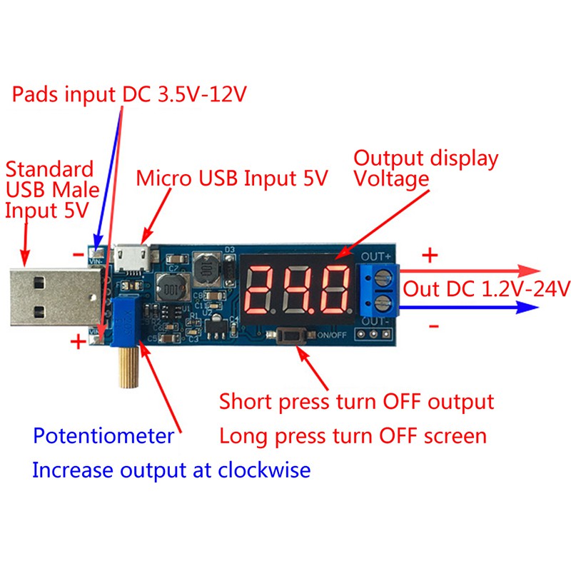 DC-DC 5V đến 3.5V / 12V USB Bước lên / xuống Mô-đun cấp nguồn có thể điều chỉnh Bộ chuyển đổi Buck ra DC 1.2V-24V DC-DC Boost Buck Converter USB Step UP / Down Power Supply Module DC DC 5V to 3.3V / 9V / 12V / 24V Điều chỉnh đầu ra DC 1.2V-24V