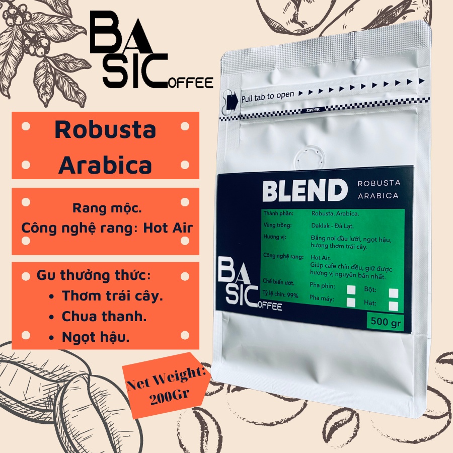 Cà Phê Nguyên Chất Rang Xay Mộc Blend Robusta Arabica Bassic Coffee Thơm Ngon Đậm Vị Cafe Sạch Dak Lak Gói Dùng Thử 200g