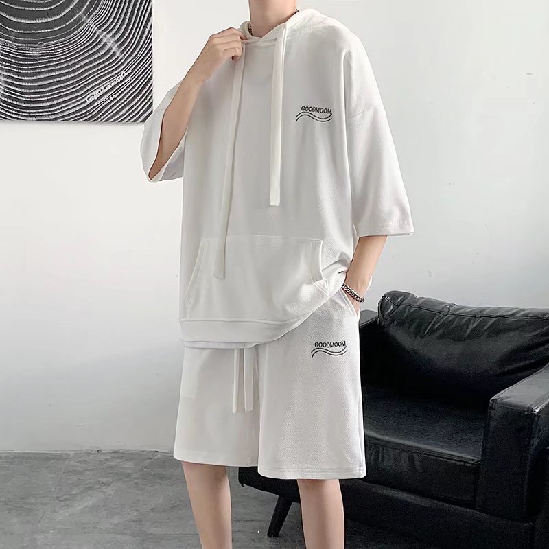 Set Áo Hoodie Tay Ngắn In Chữ Phối Quần Short Phong Cách Hàn Quốc Đơn Giản Cho Nam Và Nữ