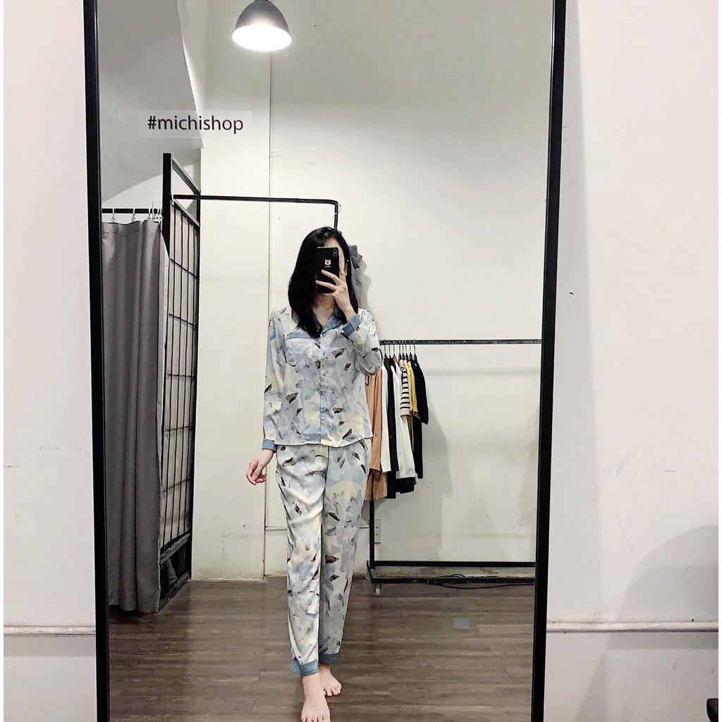 Set pyjama lụa dài tay hoa-83A06