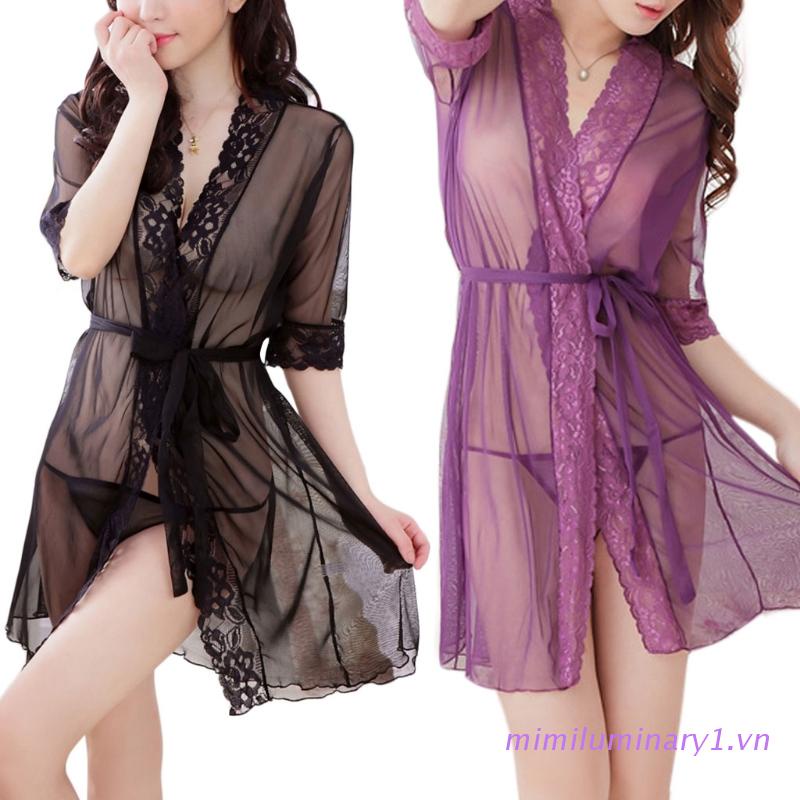 Áo choàng ngủ kimono phối ren kèm thắt lưng mẫu mới dành cho nữ