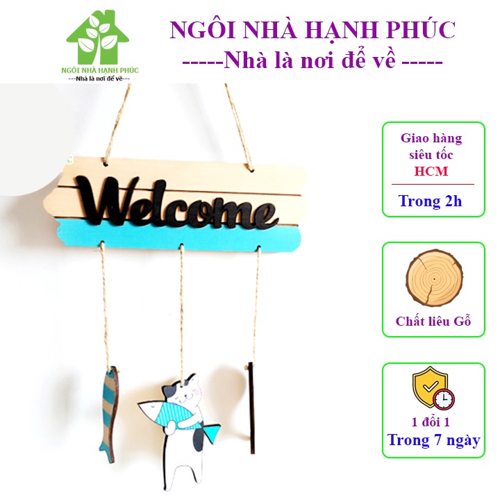 Bảng gỗ decor trang trí SHOP 🚀Freeship EXTRA🚀 Mẫu BM_035 WELCOME MÈO ÔM CÁ