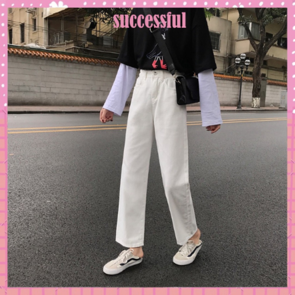 Quần jeans trắng cạp cao chất liệu bò dày đẹp phom suông rộng hack dáng