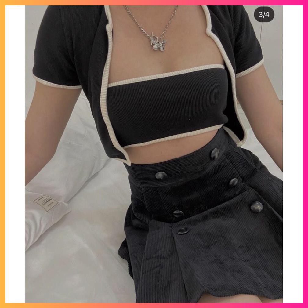 Set áo ống kèm áo khoát viền ĐEN TRẮNG, set áo croptop kèm áo khác thun co giãn - MOONMY