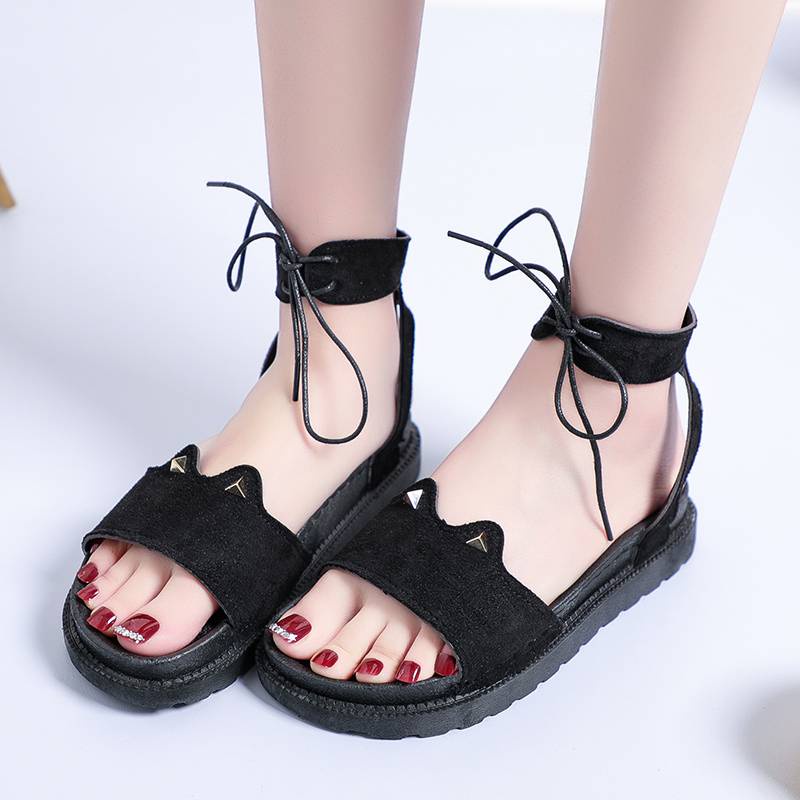 Giày Sandal Cột Dây Đính Tai Mèo Dễ Thương Phong Cách Hàn Quốc