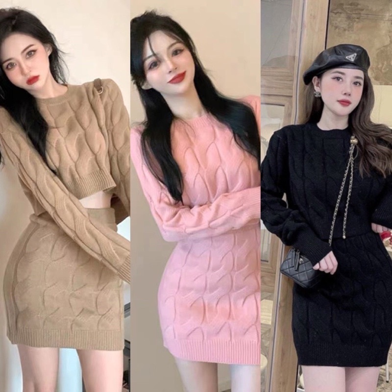 Set áo len VAYO Bộ Đầm Len áo croptop tay dài ôm body chân váy thời trang nữ đẹp dưới 55kg | BigBuy360 - bigbuy360.vn