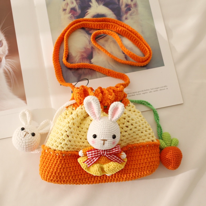 Túi đan len cam hình thỏ trắng xinh