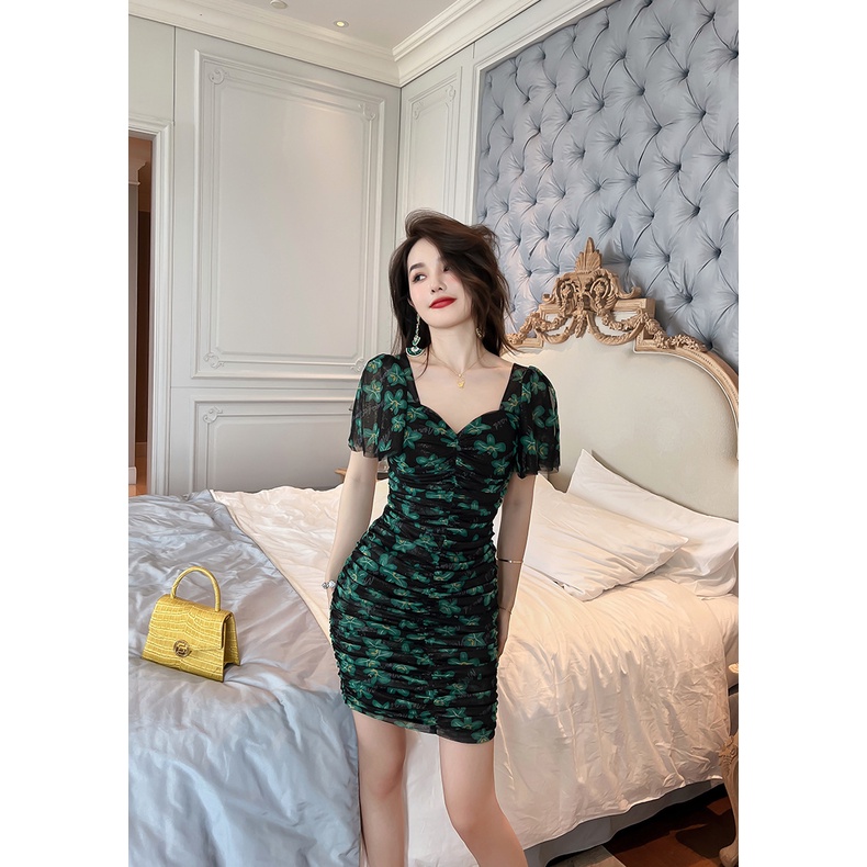 ZYHT  Đầm Hoa Dáng Ôm Màu Xanh Lá Phong Cách Hàn Quốc Thời Trang Đi Biển 10147