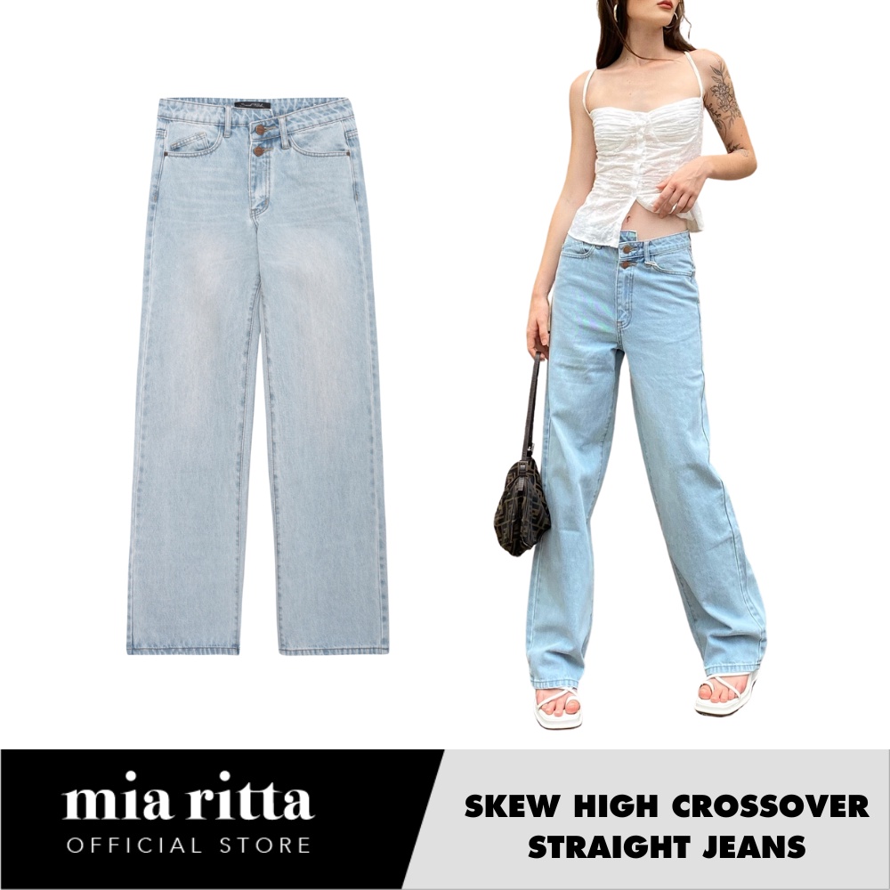 Quần Jeans Topshop ống suôn 2 khuy lệch - Quần jean Mia Ritta nữ dáng suôn khuy lệch cá tính J444