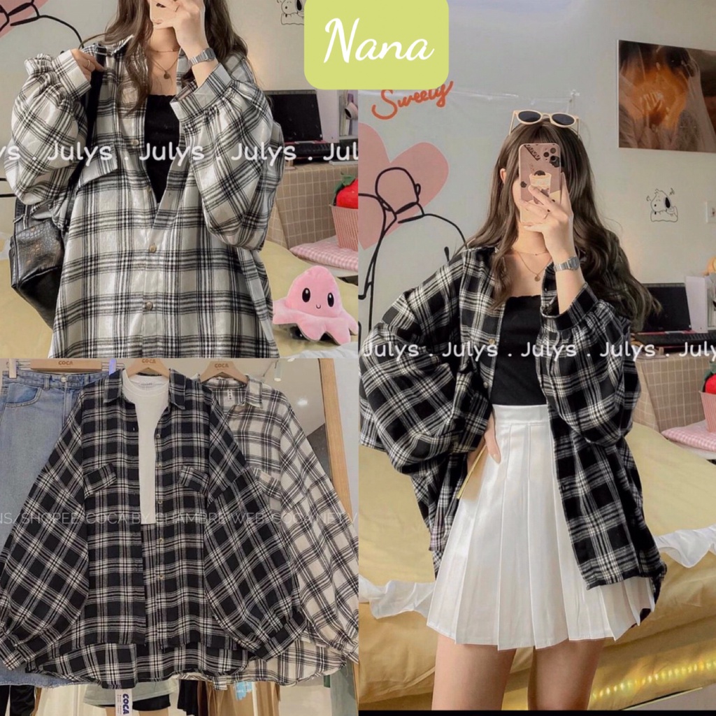 Áo Sơ Mi Form Rộng Họa Tiết Sọc Caro/ Áo sơ mi Unisex ba màu trắng,đen, nâu phong cách Ulzzang Nanashop