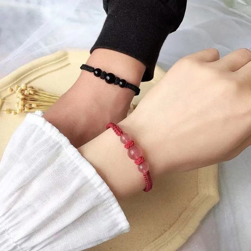 Vòng Tay Bện Dây Đính Đá Obsidian Màu Đỏ / Đen Thời Trang Cho Cặp Đôi